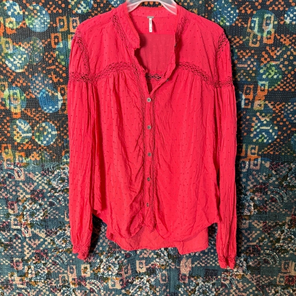 Free People Red Swiss Dot Crochet Lace Button Down Blouse Small Boho Festival